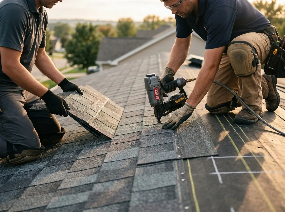 Professional roofer working on a residential roof in Hadley
